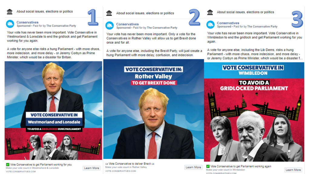 These images were all micro-targeted at different groups via Facebook during the 2019 UK General Election.