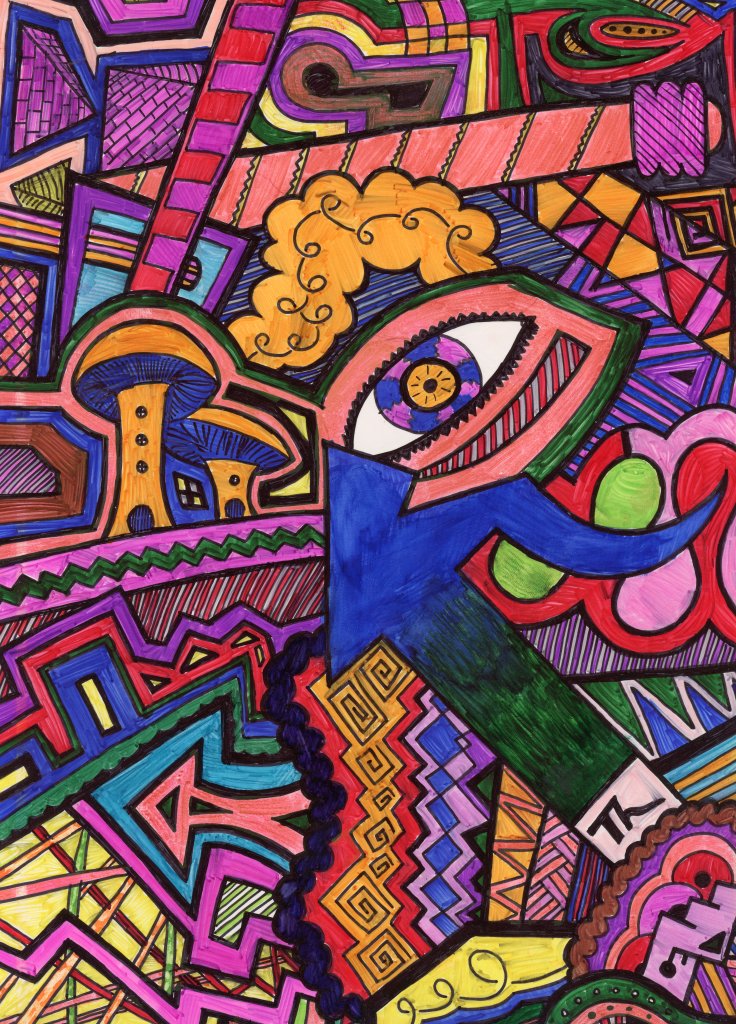 Notmushroom - Tristan Hotham (2021)
Medium: Felt pens, highlighters, acrylic paint and fine liners on gloss paper.
