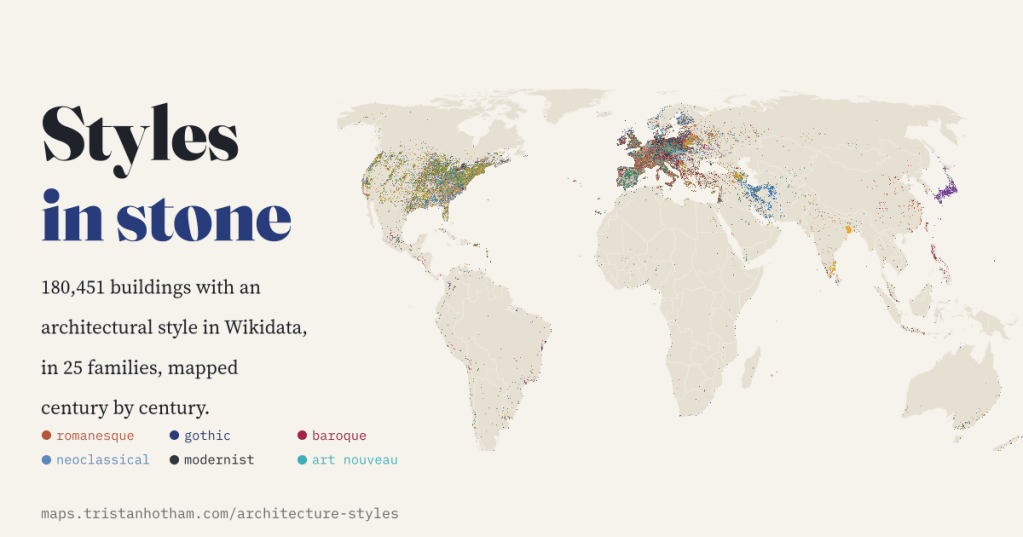 Title card reading 'Styles in stone' in black and slate blue on pale stone, beside a world map dotted with 180,451 buildings coloured by architectural style, dense across Europe and the eastern United States, with Persian blue in Iran and Japanese purple in Japan.