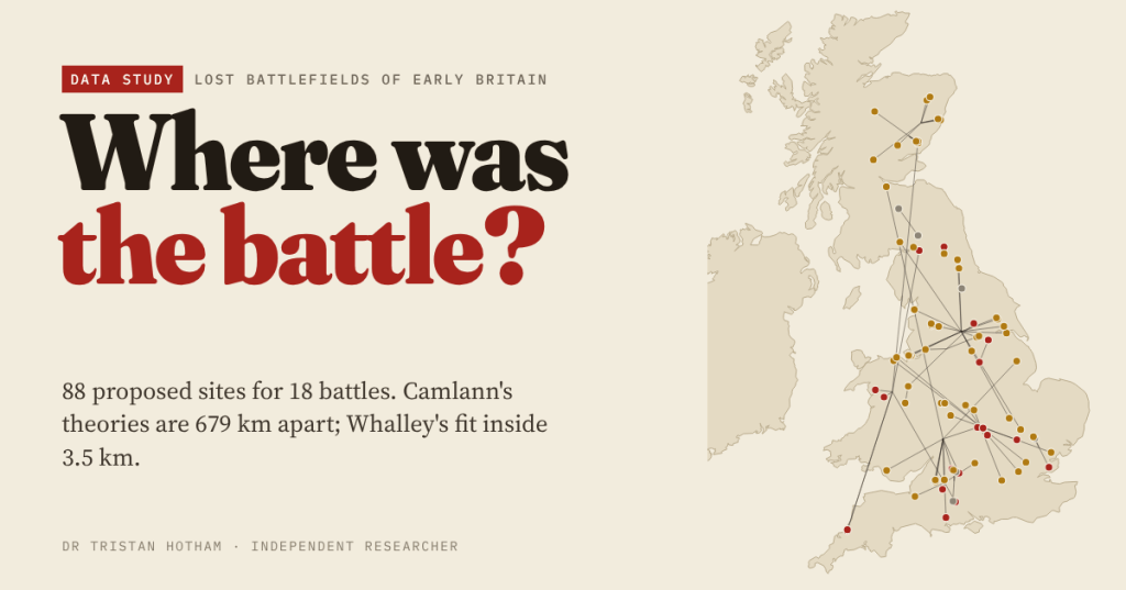 Title card reading Where was the battle? 88 proposed sites for 18 battles, beside a parchment map of Britain with proposed battle sites joined by thin lines
