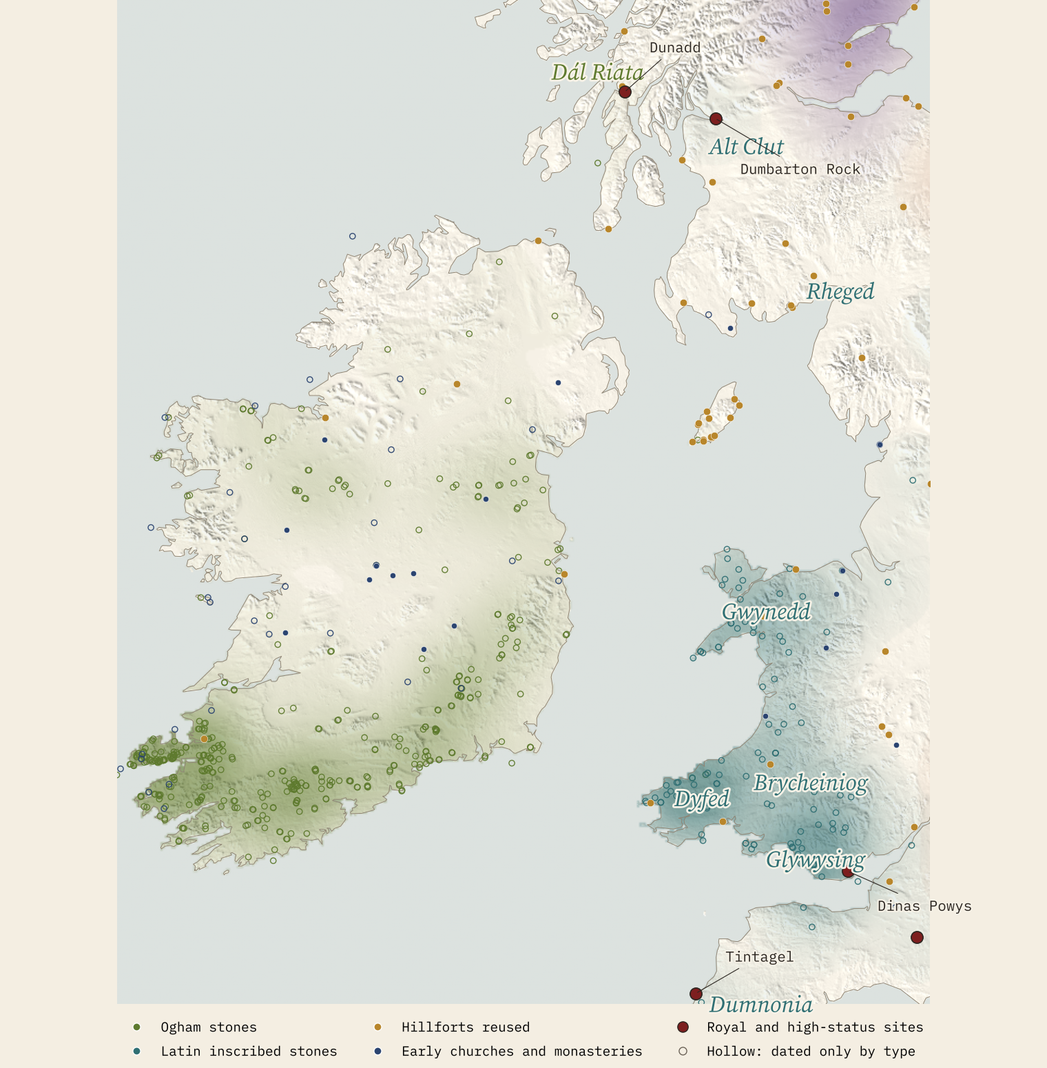 Map of Ireland, Wales and south-west Scotland: green hollow circles for ogham stones fill southern Ireland, teal circles for inscribed stones fill Wales, with labels for Dyfed, Gwynedd, Brycheiniog, Dál Riata and the sites Dunadd, Dumbarton Rock, Dinas Powys and Tintagel