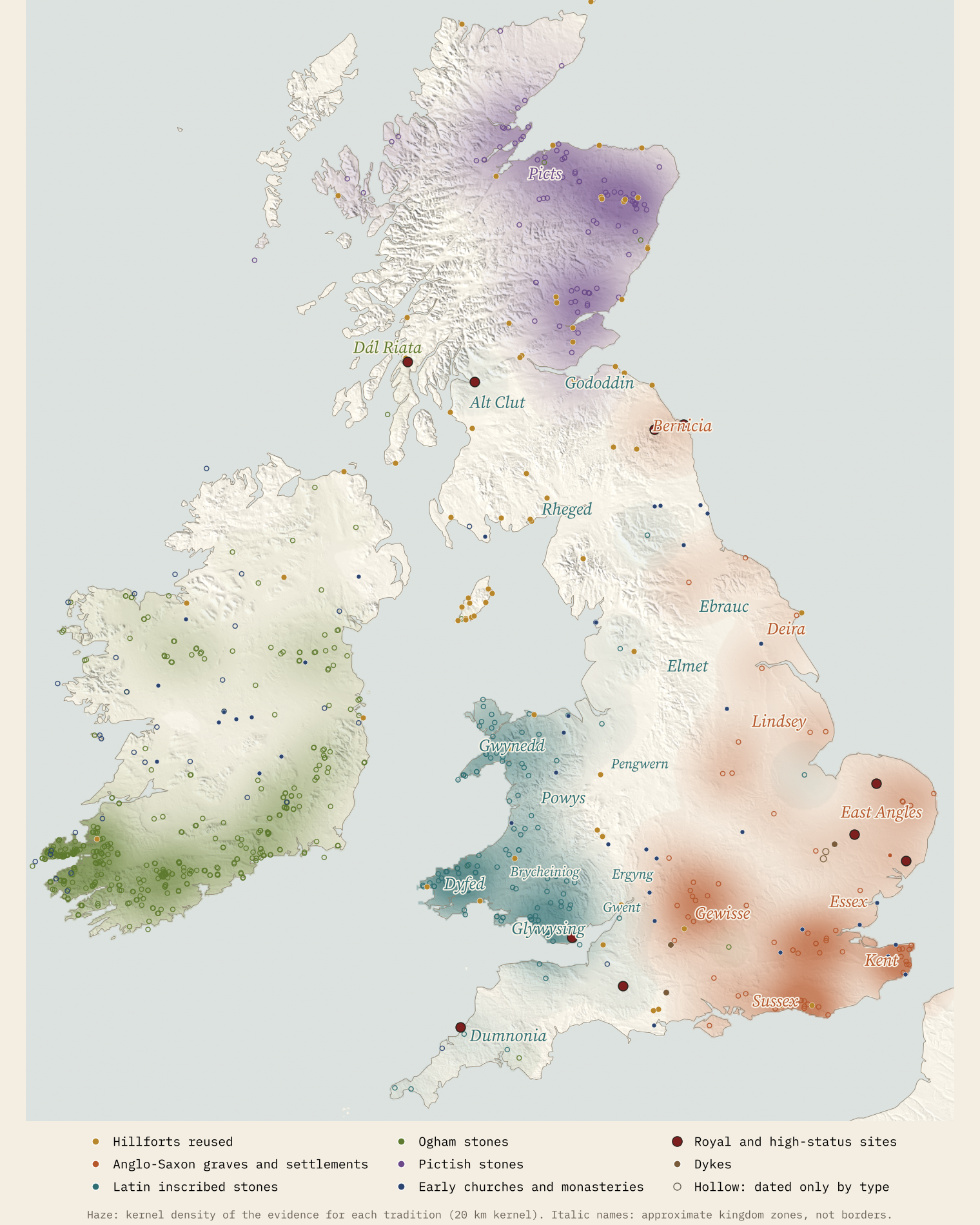 Map of Britain and Ireland with coloured haze and dots: purple Pictish stones in north-east Scotland, green ogham stones across southern Ireland, teal inscribed stones in Wales, orange Anglo-Saxon sites in eastern and southern England, ochre reused hillforts around the coasts, and italic kingdom names