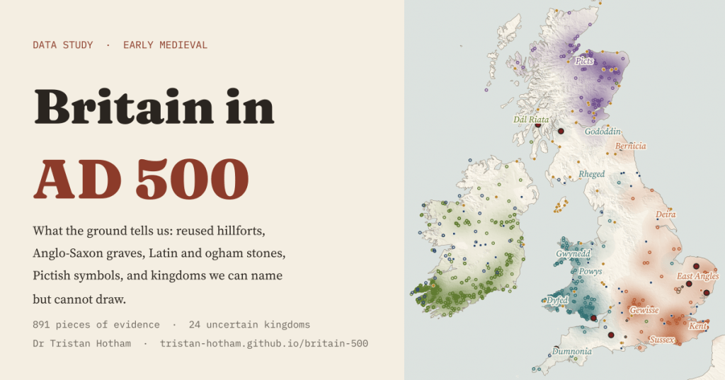 Title card reading 'Britain in AD 500' in dark ink and madder red on pale vellum, beside a map of Britain and Ireland with purple Pictish, green Irish, teal British and orange Anglo-Saxon hazes, coloured dots for evidence and italic kingdom names.