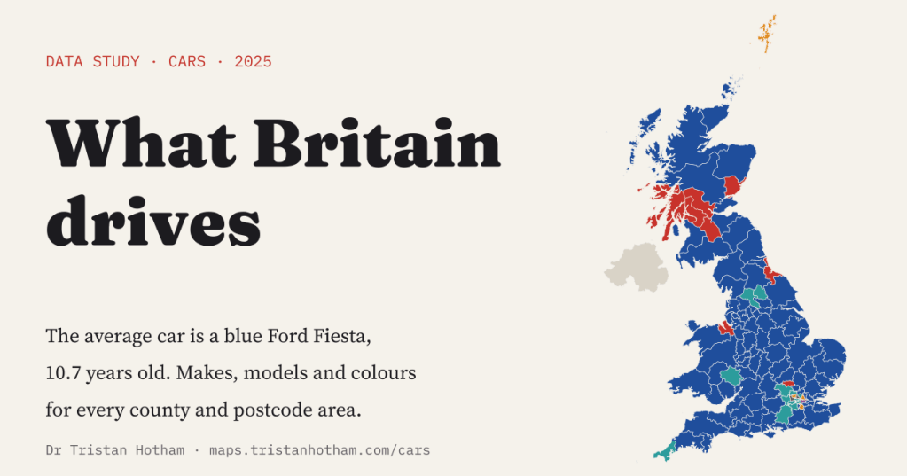 Title card reading 'What Britain drives' in black on a pale paper background, beside a map of Britain's postcode areas coloured by most common car make: almost all Ford blue, with Vauxhall red around Glasgow and Dundee, Volkswagen teal near London and Toyota orange in Shetland, and Northern Ireland in grey. Text: the average car is a blue Ford Fiesta, 10.7 years old.