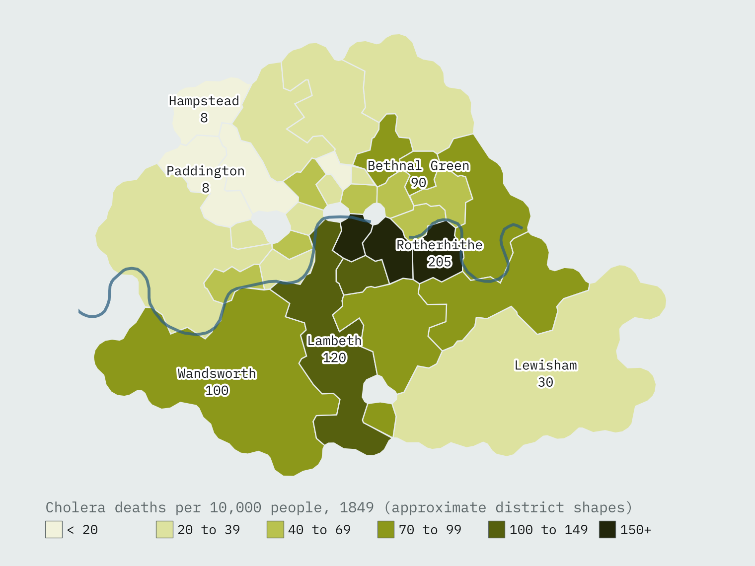 Map of London's 1849 registration districts shaded by cholera deaths per 10,000 people, darkest in Rotherhithe, Bermondsey and Southwark on the south bank and palest in Hampstead and Paddington in the north west.