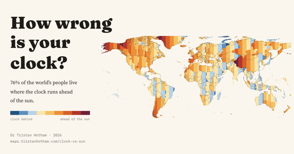 World map coloured by how far the clock runs ahead of the sun, mostly orange, beside the title How wrong is your clock?