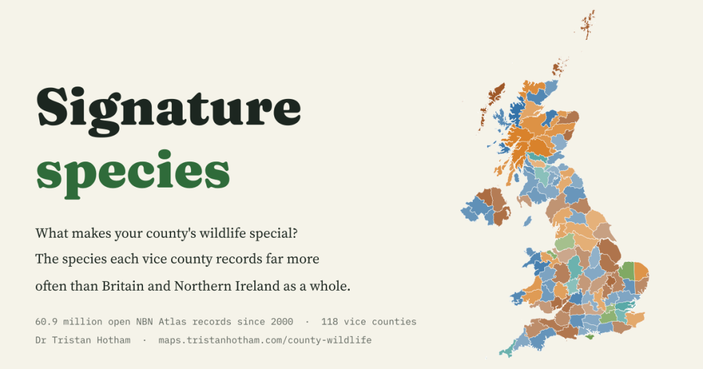 Signature species: a map of Britain and Northern Ireland's vice counties coloured by the group of each county's most over-represented animal.
