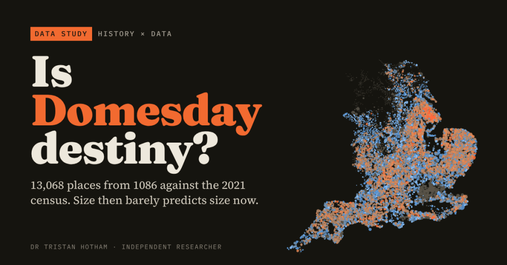 Dark title card reading Is Domesday destiny? beside a map of England made of thousands of coloured dots, one for each Domesday place