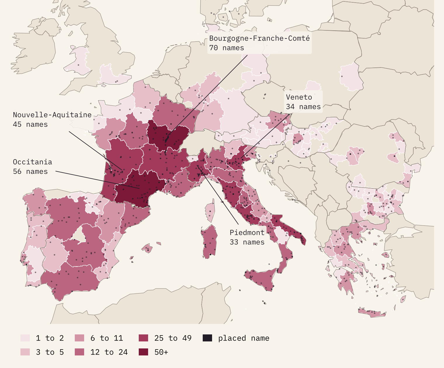 Map of Europe shading each region by its number of protected wine names, darkest in Bourgogne-Franche-Comté, Occitania and Nouvelle-Aquitaine in France and in Veneto and Piedmont in Italy, with dots for the names placed on the map across France, Italy, Spain, Portugal, Greece, Hungary, Romania and Bulgaria