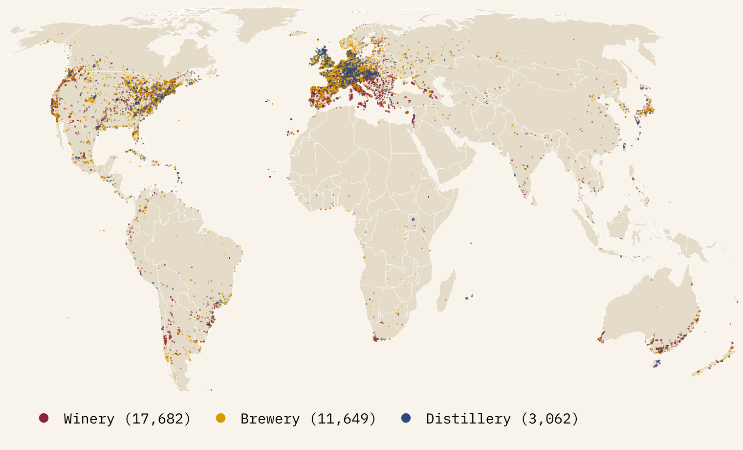 World dot map of every winery, brewery and distillery in OpenStreetMap: dense clusters across Europe, the eastern and western United States, southern Australia, Chile, Argentina and the South African Cape, and only scattered dots across most of Africa and Asia