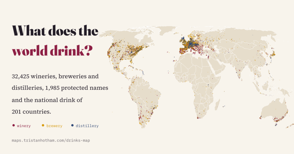 Title card reading 'What does the world drink?' in black and claret on cream, beside a world map dotted with every winery (claret), brewery (amber) and distillery (navy) in OpenStreetMap, dense across Europe, the United States and southern Australia. Text: 32,425 wineries, breweries and distilleries, 1,985 protected names and the national drink of 201 countries.