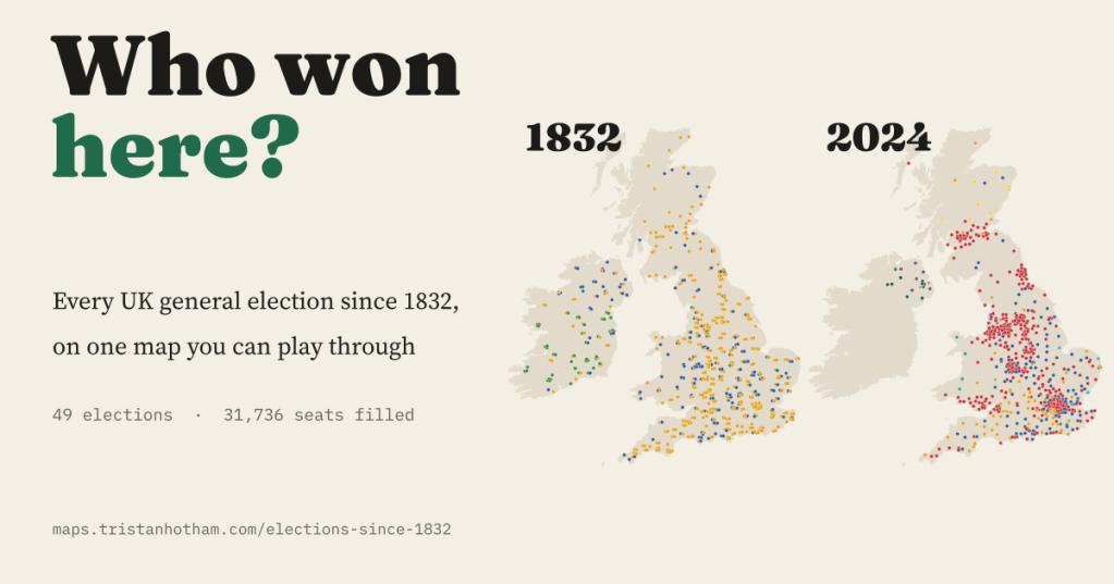 Title card reading Who won here? with two dot maps of Britain and Ireland for 1832 and 2024, each dot a seat coloured by the winning party.