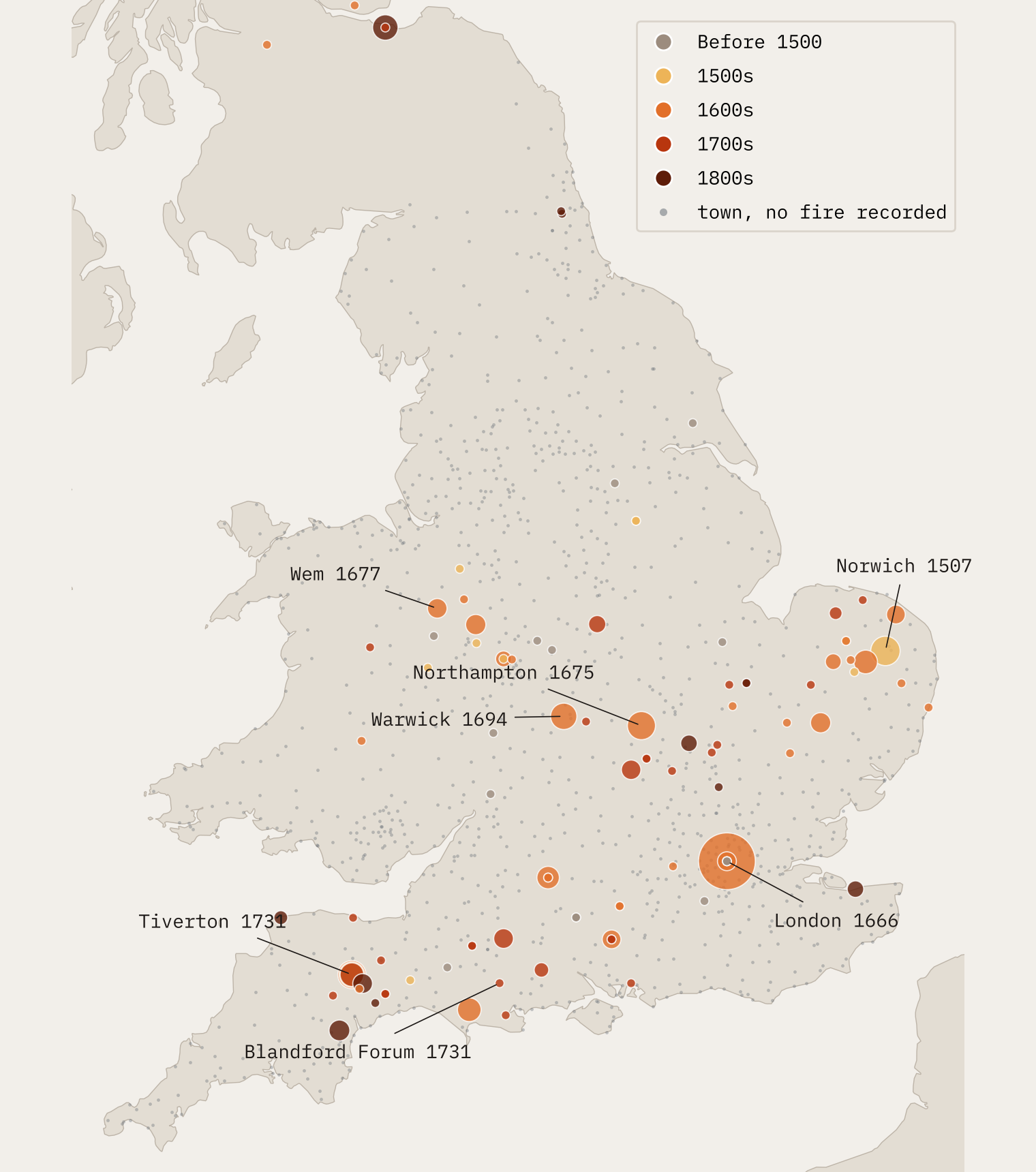 Map of England and Wales with orange and red circles for great town fires, clustered in East Anglia, the Midlands and the South West, with a huge circle for London 1666 and very few in the North