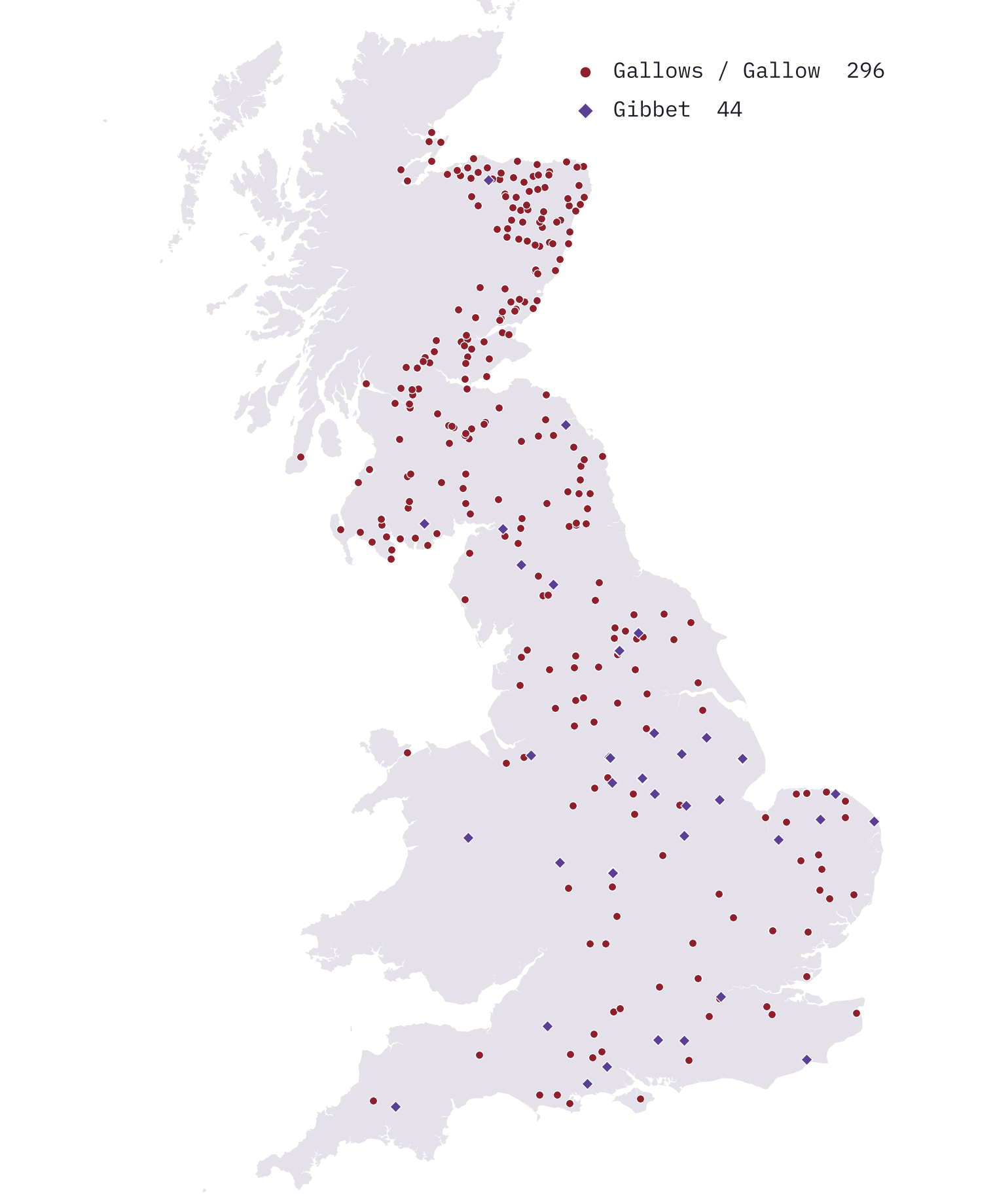 Map of Great Britain with 340 execution place names: red dots for Gallows and Gallow names, thickest in north-east Scotland, and purple diamonds for Gibbet names, mostly in England.