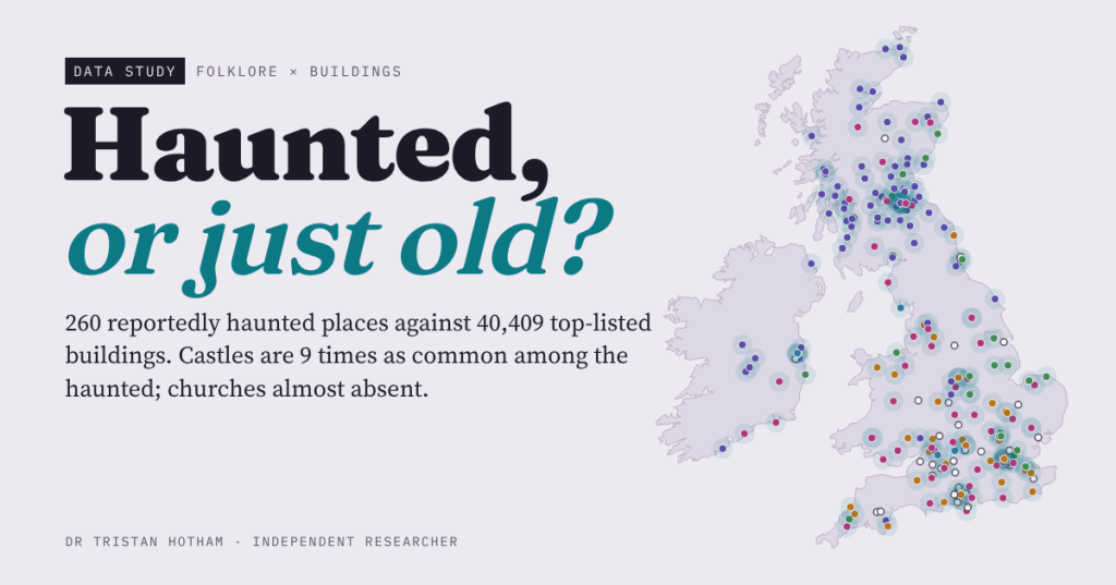 Title card reading Haunted, or just old? 260 reportedly haunted places against 40,409 top-listed buildings. Beside it, a pale lilac map of Britain and Ireland dotted with coloured symbols, purple castles thick in Scotland.