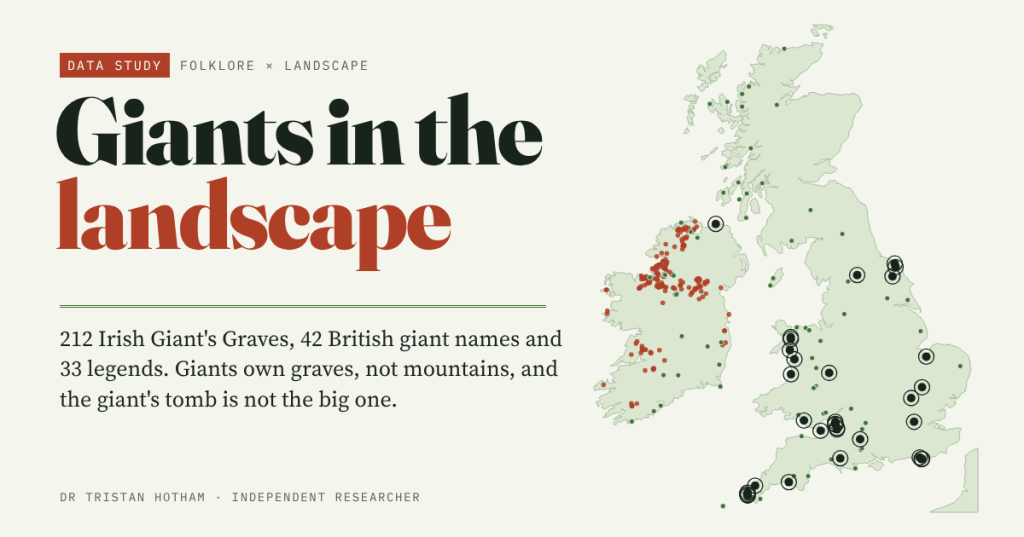 Title card reading Giants in the landscape: 212 Irish Giant's Graves, 42 British giant names and 33 legends. Beside it, a pale green map of Britain and Ireland with red dots for Irish Giant's Graves, green dots for other giant places and black rings for legends.