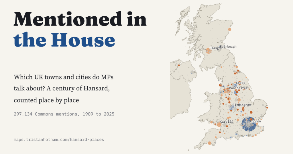 Title card reading Mentioned in the House beside a map of the UK with a circle for each town, sized by how often MPs mention it; London is the largest.