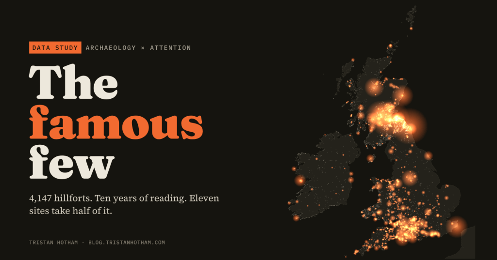 Dark map of Britain and Ireland with 4,147 hillforts as faint dots and a few glowing orange hotspots, beside the title The Famous Few