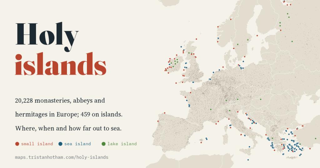 Title card reading 'Holy islands' in dark slate and rust red on pale paper, beside a map of Europe where grey dots mark 20,228 monastic houses and larger red, blue and green dots mark the 459 on islands, clustered around western Ireland and Scotland and across the Aegean.