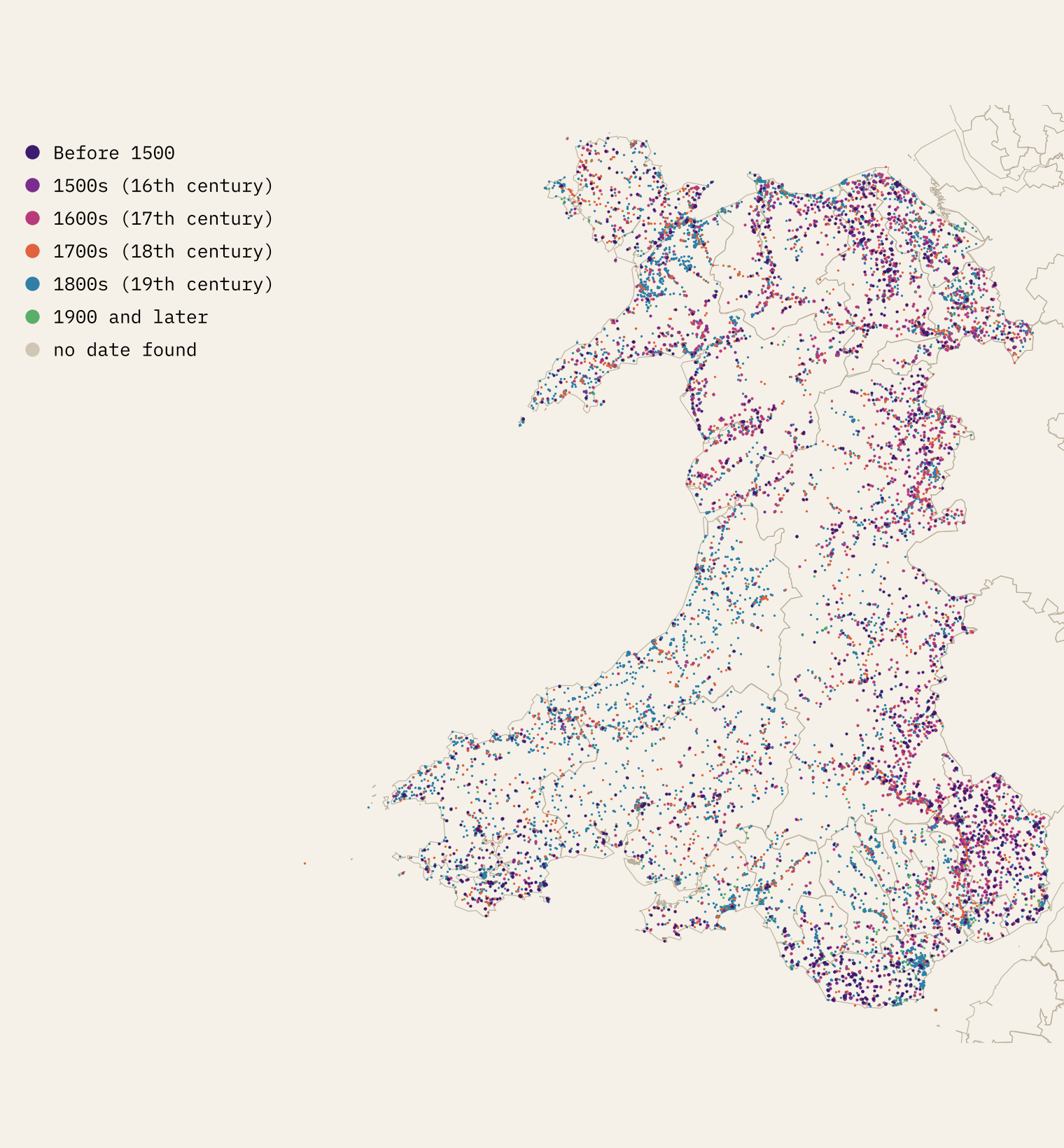 Map of Wales with every listed entry as a dot coloured by century: dark purple for before 1500 clustered in the Vale of Glamorgan and Monmouthshire, blue for the 1800s spread across the west.