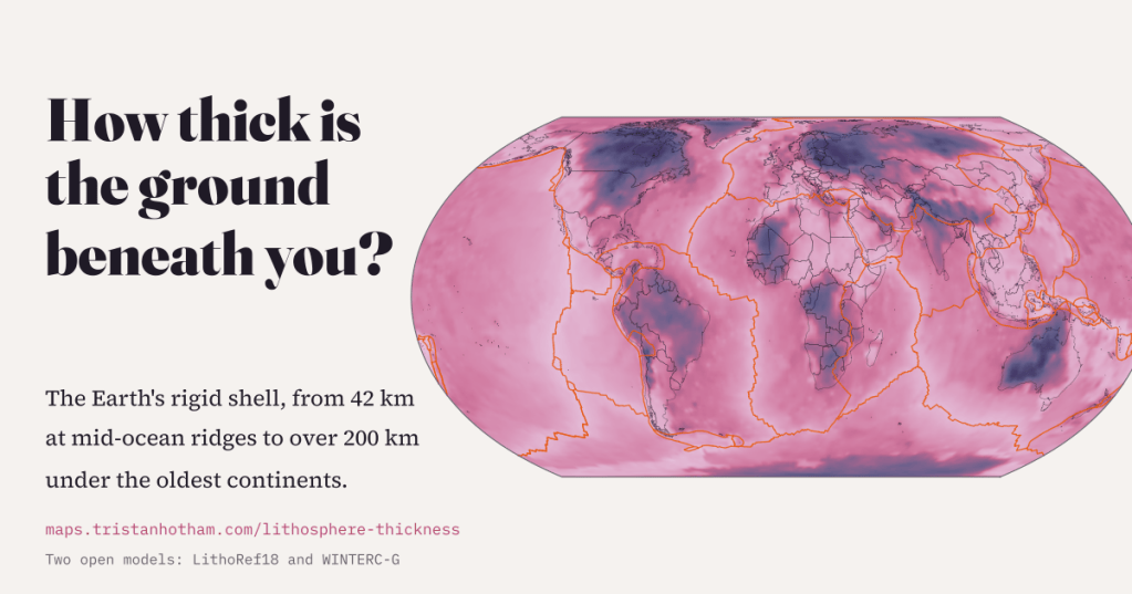 World map of lithosphere thickness in pinks and deep purples with orange plate boundaries, beside the title How thick is the ground beneath you?