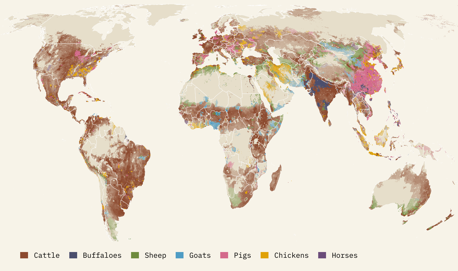 World map colouring every 10 km square by its main farm animal: brown cattle across the Americas, Africa, Europe and Australia, a pink block of pigs over eastern China and patches in Europe and the US Midwest, dark blue buffaloes across northern India and Pakistan, green sheep in Patagonia, South Africa, western and south-eastern Australia and Wales, light blue goats in the Sahel and Somalia, and gold chickens in the south-eastern United States, Arabia and Iran