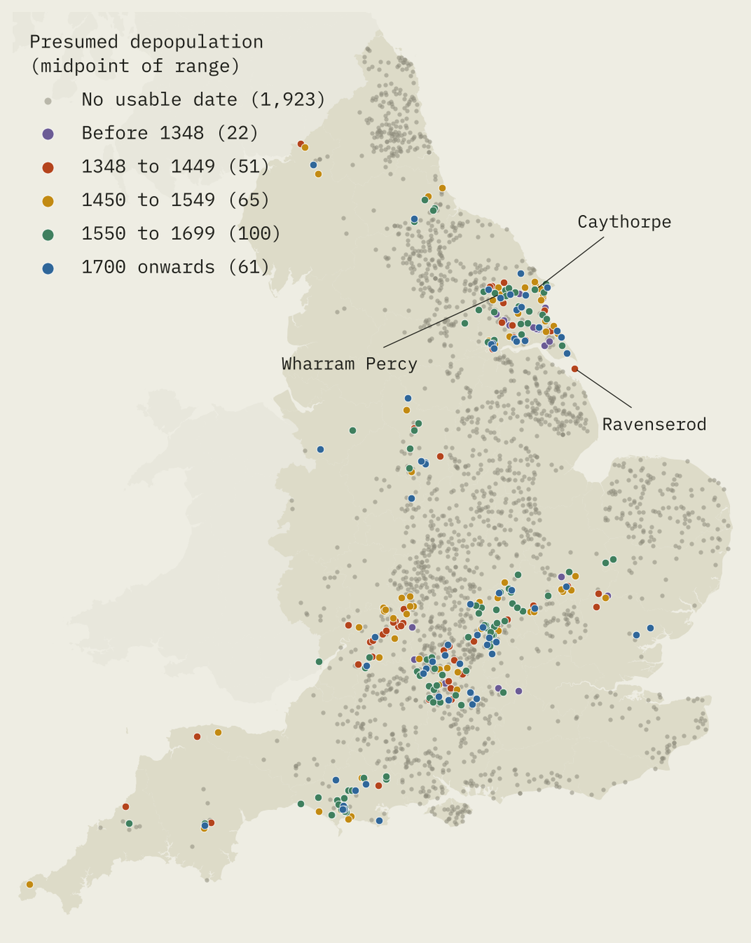 Map of England with 2,222 lost village sites as dots. Most are grey because they have no recorded date; coloured dots in the East Riding of Yorkshire, the south Midlands, Dorset and Devon show presumed dates of depopulation from before 1348 to after 1700. Wharram Percy, Caythorpe and Ravenserod are labelled.