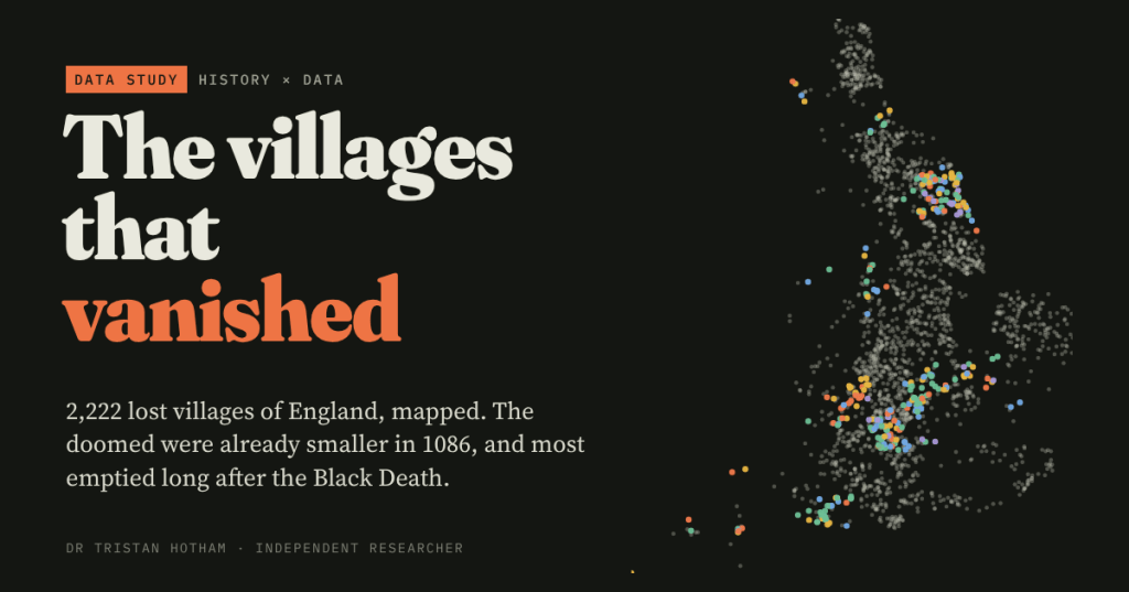 Dark title card reading "The villages that vanished" beside a map of England made of 2,222 faint dots, one for each lost village, with coloured dots for those with a presumed date of depopulation, and the line "2,222 lost villages of England, mapped. The doomed were already smaller in 1086, and most emptied long after the Black Death."