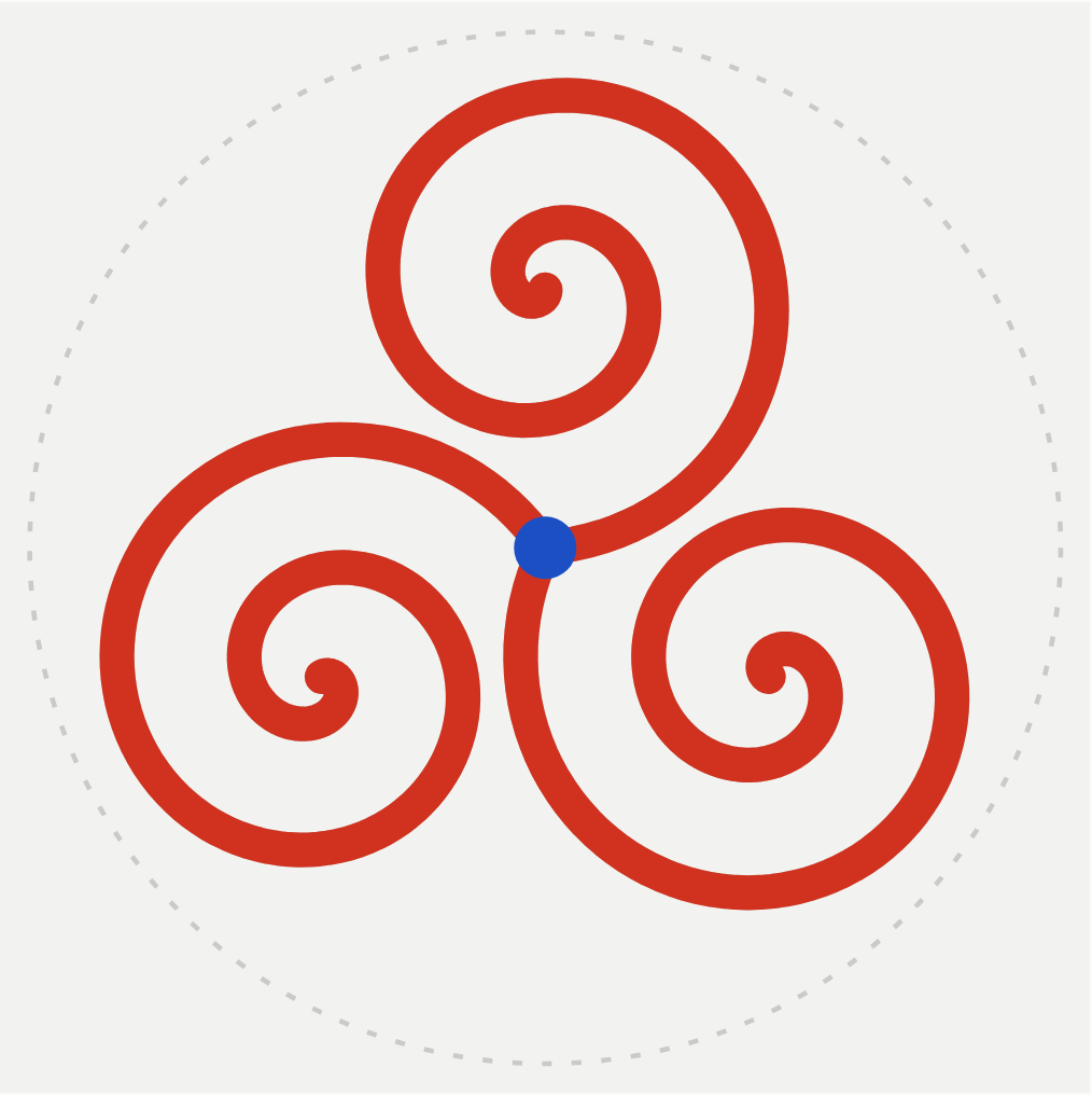 A red triskele drawn from three Archimedean spirals joined at a blue centre.