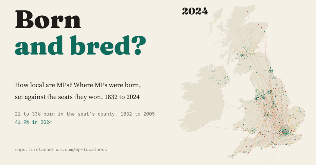 Title card reading Born and bred? with a map of Britain and Ireland in 2024 showing a line from each MP's seat to their birthplace.