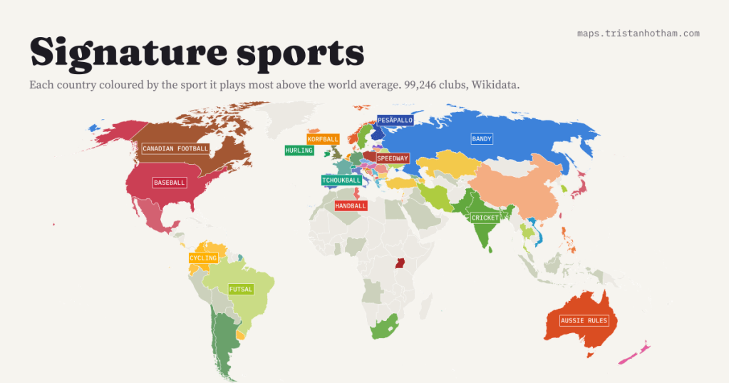 Title card reading 'Signature sports' on pale paper above a world map in which each country is coloured by its signature sport: hurling green in Ireland, pesäpallo blue in Finland, korfball orange in the Netherlands, handball red in north Africa and the Balkans, cricket green in South Asia, baseball red in the United States, with labels naming the sports.