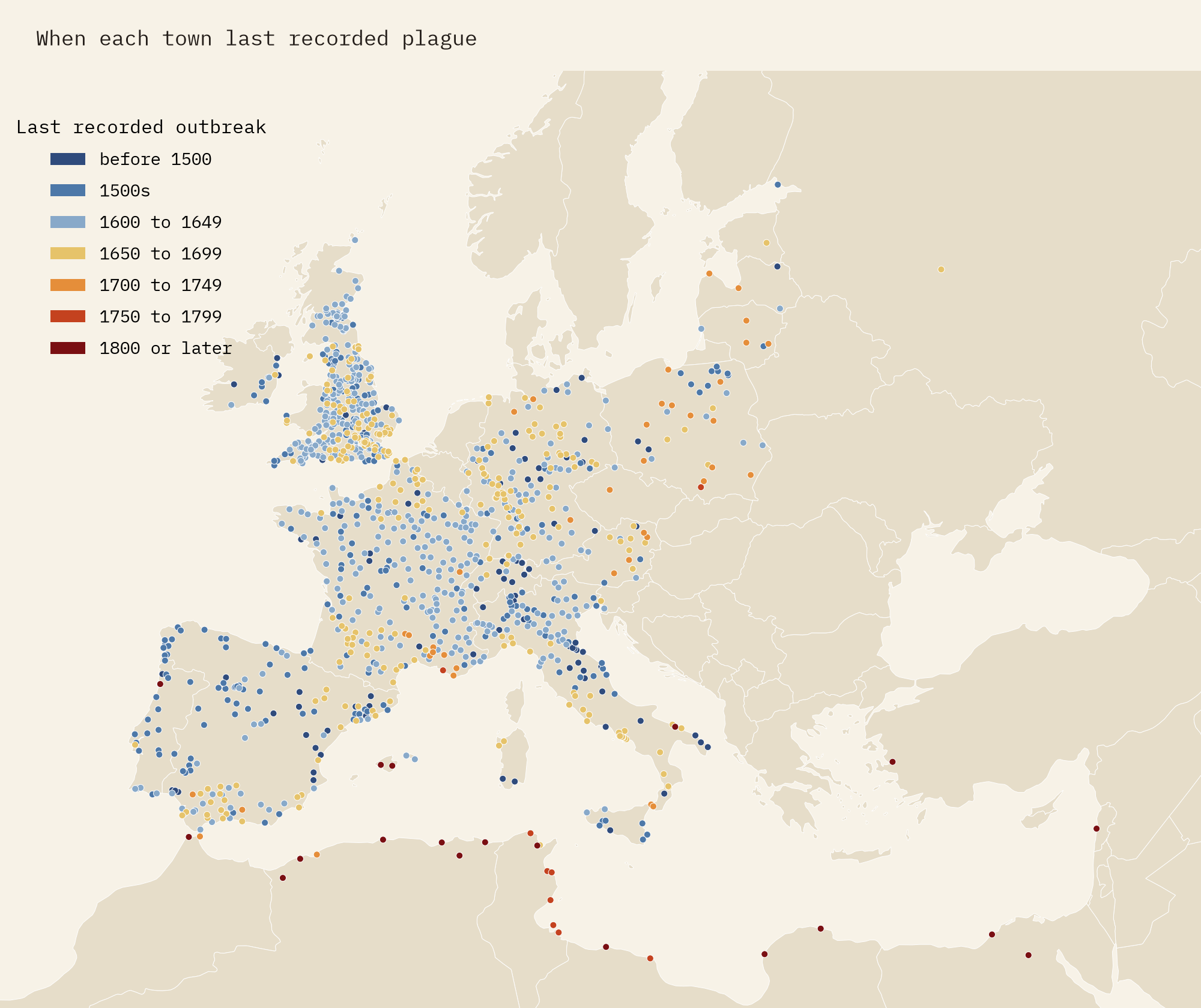 Map of towns coloured by the last year plague was recorded there: dark and mid blue (before 1650) across most of Britain, France, Spain and Italy, yellow (1650 to 1699) scattered through England, Germany and southern Spain, orange (eighteenth century) in Poland, the Baltic and Provence, and dark red (after 1800) along the North African coast, in Izmir and in Egypt