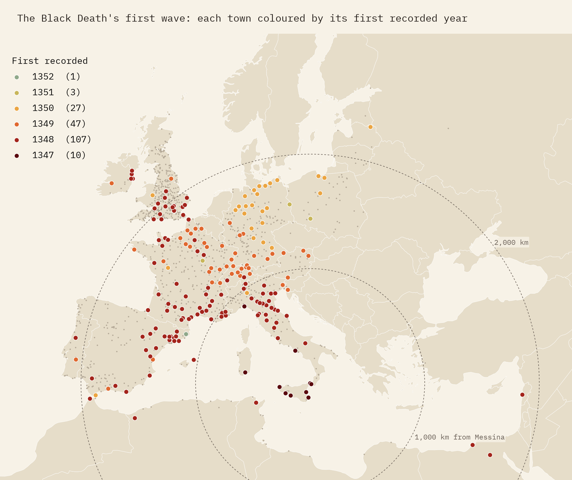 Map of Europe and the Mediterranean with towns coloured by the year plague was first recorded there: the darkest red in Sicily, Naples, Genoa and Sardinia for 1347, red across Italy, southern France, Spain, southern England and Ireland for 1348, orange in northern France, Switzerland and southern Germany for 1349, and pale orange along the Baltic coast and in Poland for 1350