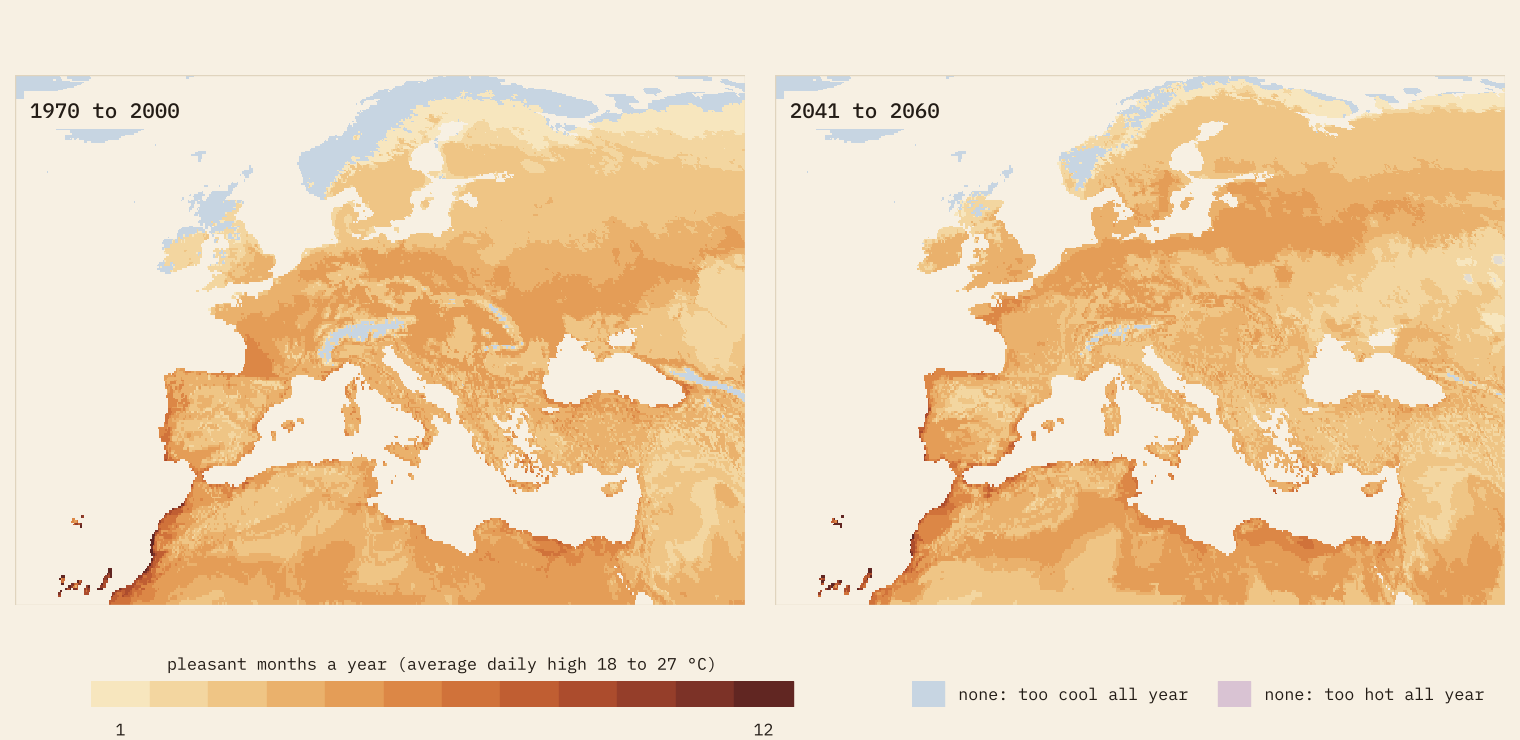 Two maps of Europe and the Mediterranean coloured by pleasant months, 1970 to 2000 and 2041 to 2060. Britain, Ireland and Scandinavia darken; much of central and eastern Europe lightens.
