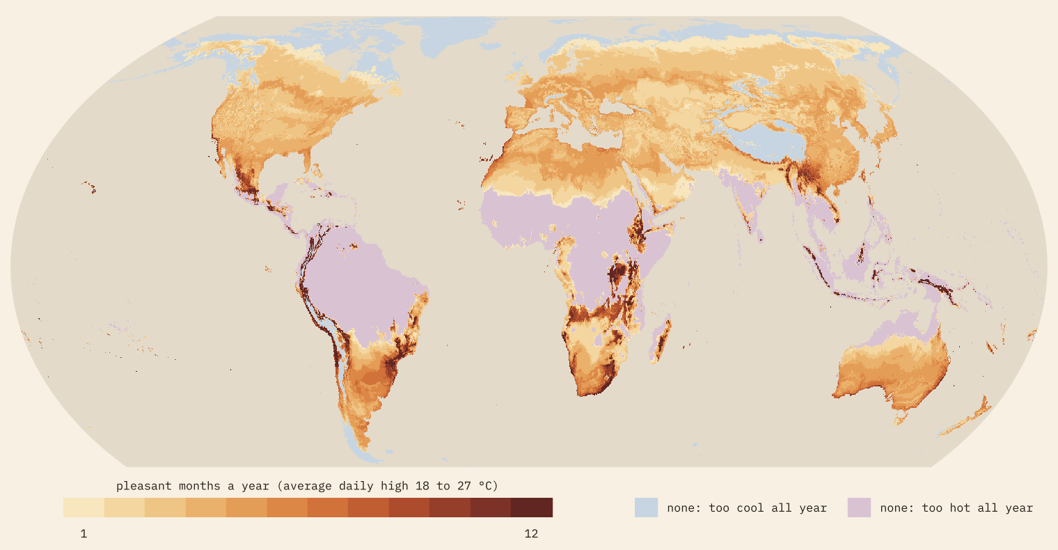 World map of pleasant months a year from 1 (pale apricot) to 12 (deep terracotta), with the tropical lowlands in pale mauve (too hot all year) and the far north and Tibet in pale blue (too cool all year). The darkest patches are the highlands of East Africa, Mexico, the Andes and Yunnan and the coasts of southern Africa and southern Brazil.