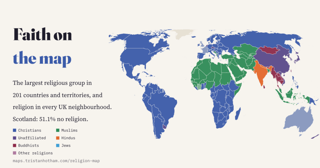 Title card reading 'Faith on the map' in black and blue on cream, beside a world map coloured by each country's largest religious group in 2020: Christians in blue, Muslims in green, the unaffiliated in violet, Hindus in orange and Buddhists in maroon. Text: the largest religious group in 201 countries and territories, and religion in every UK neighbourhood; Scotland 51.1% no religion.