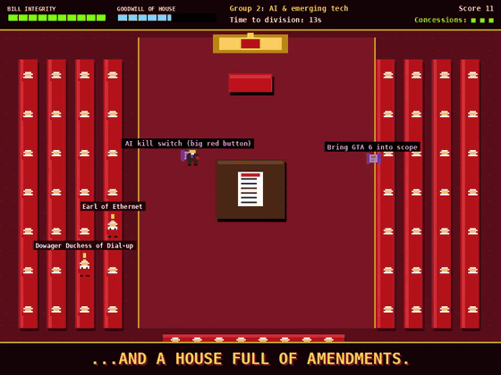 Animated gameplay of House of Lords: Report Stage Defender. The Minister dashes between benches blocking amendment scrolls as peers stand up.