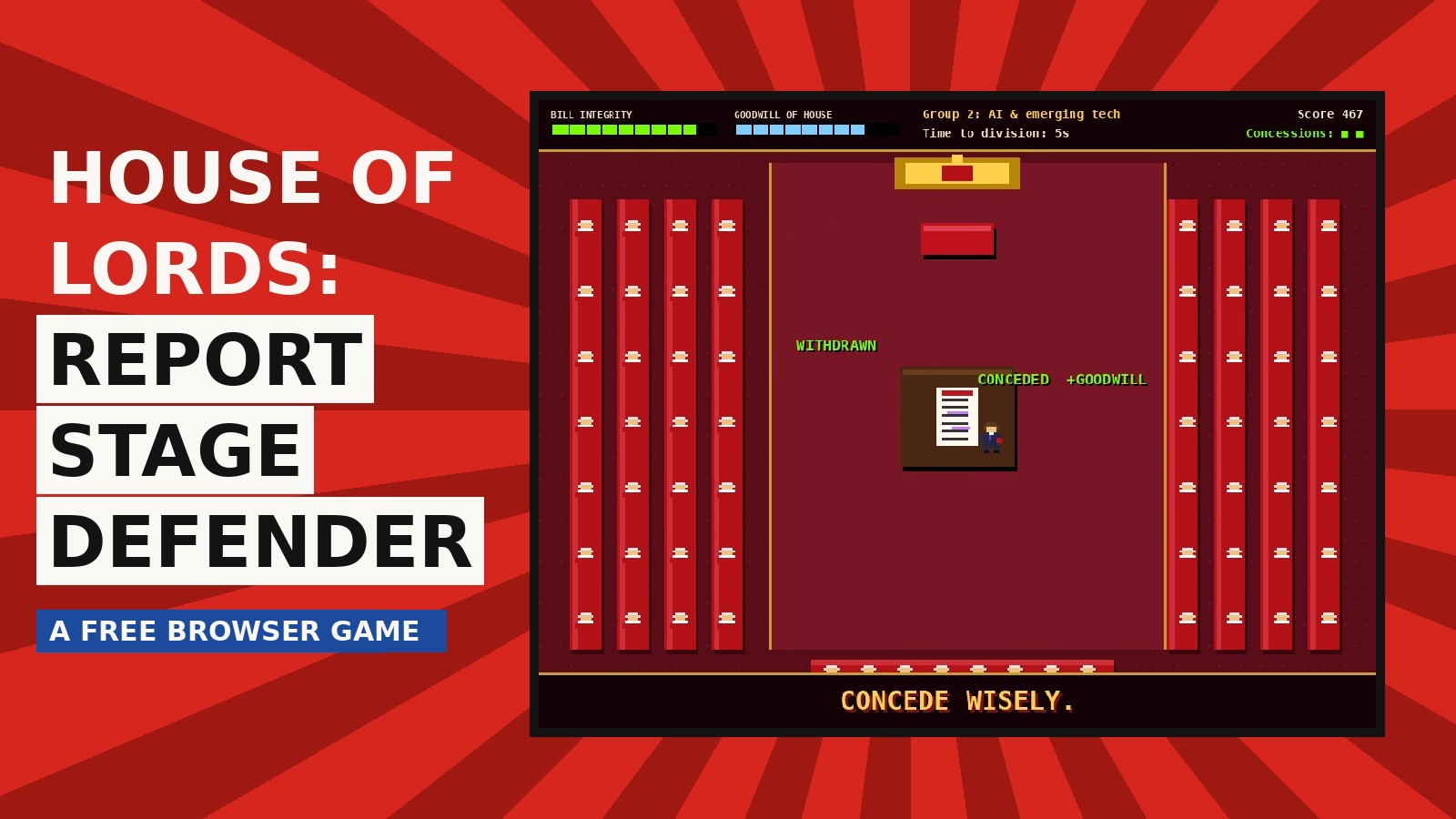 House of Lords: Report Stage Defender, a free browser game, with a screenshot of the pixel-art House of Lords chamber