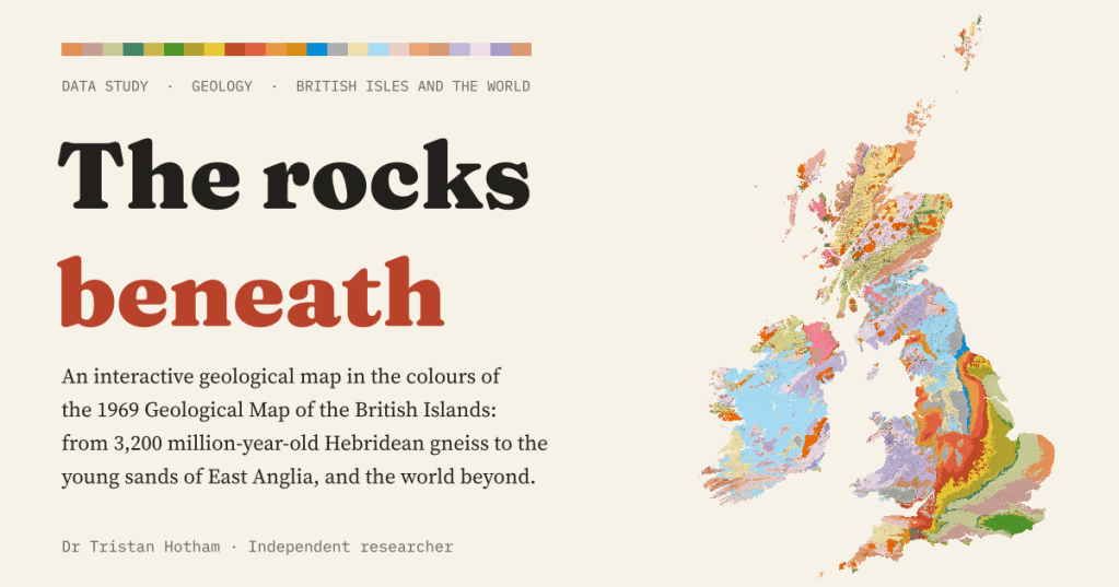 Title card reading 'The rocks beneath' in black and brick red on warm paper, under a strip of coloured swatches, with a map of Britain and Ireland coloured in the 1969 survey palette: pale blue across central Ireland, pinks and yellows over the Highlands, a red band through the English Midlands and yellow, green and grey green across the south and east. Text: from 3,200 million-year-old Hebridean gneiss to the young sands of East Anglia.