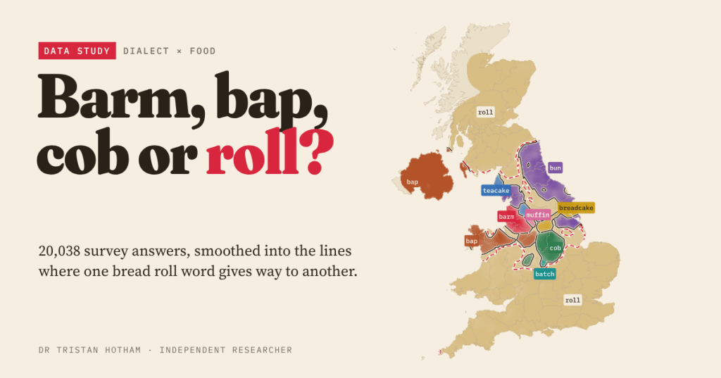 Cream title card reading "Barm, bap, cob or roll?" beside a map of the UK coloured by the most common word for a bread roll, with the line "20,038 survey answers, smoothed into the lines where one bread roll word gives way to another."