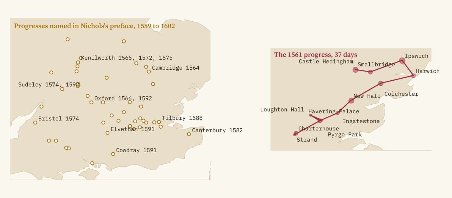 Two maps of south-east England. On the left, open gold circles mark places Nichols names for Elizabeth's progresses, labelled with years such as Kenilworth 1565, 1572, 1575, Bristol 1574 and Cowdray 1591. On the right, a red line traces the 1561 progress from the Charterhouse and Strand in London through Havering, Ingatestone and New Hall to Colchester, Harwich, Ipswich, Smallbridge and Castle Hedingham.