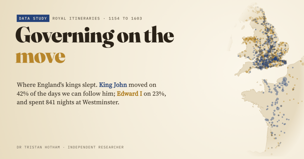 Title card reading 'Governing on the move' on a vellum background, beside a map of England, Wales and western France covered in blue dots for King John's nights and gold dots for Edward I's. Text: King John moved on 42% of the days we can follow him; Edward I on 23%, and spent 841 nights at Westminster.