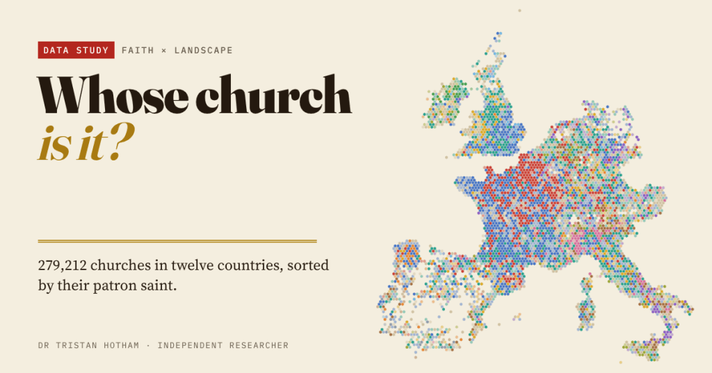 Title card reading Whose church is it? 279,212 churches in twelve countries, sorted by their patron saint. Beside it, a mosaic map of Western Europe in small coloured hexagons on pale parchment, each coloured by its leading saint.