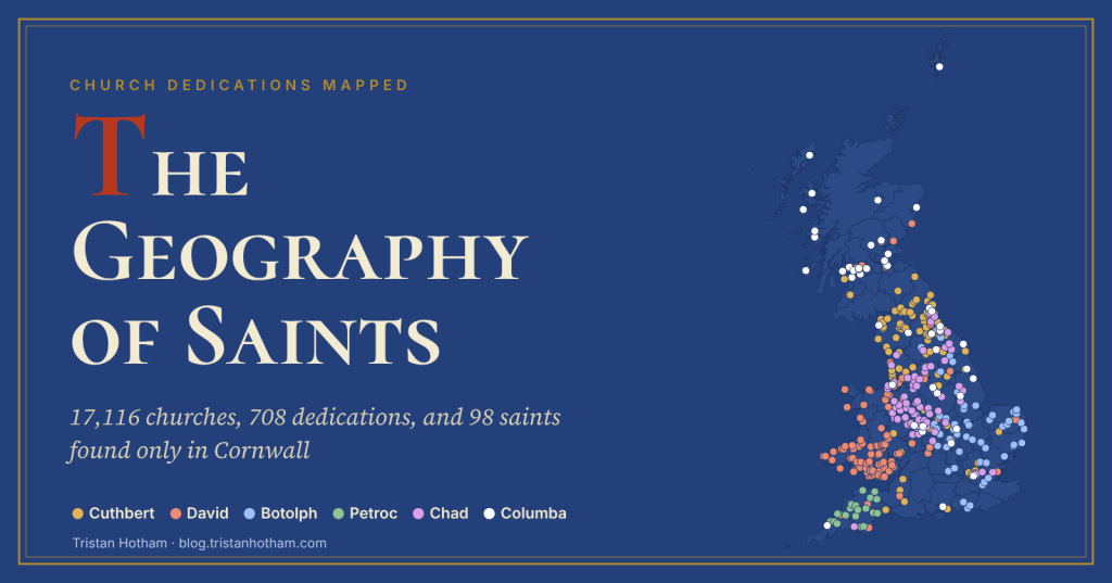 Lapis blue title The Geography of Saints with a red drop capital, beside a map of Britain dotted with churches of Cuthbert, David, Botolph, Petroc, Chad and Columba in different colours