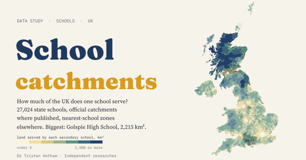 Title card reading 'School catchments' in navy and pencil yellow on cream paper, beside a map of the UK in which every patch of land is coloured by how much land its secondary school serves, pale cream in cities and deep navy across the Scottish Highlands. Text: How much of the UK does one school serve? 27,024 state schools, official catchments where published, nearest-school zones elsewhere. Biggest: Golspie High School, 2,215 km².