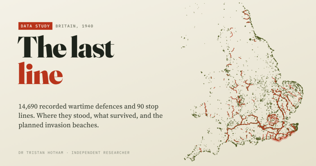 Title card reading The last line: 14,690 recorded wartime defences and 90 stop lines. Beside it, a map of England and Wales with green dots for defences, red stop lines across the south and east, rings around London and a red band on the Sussex and Kent coast.