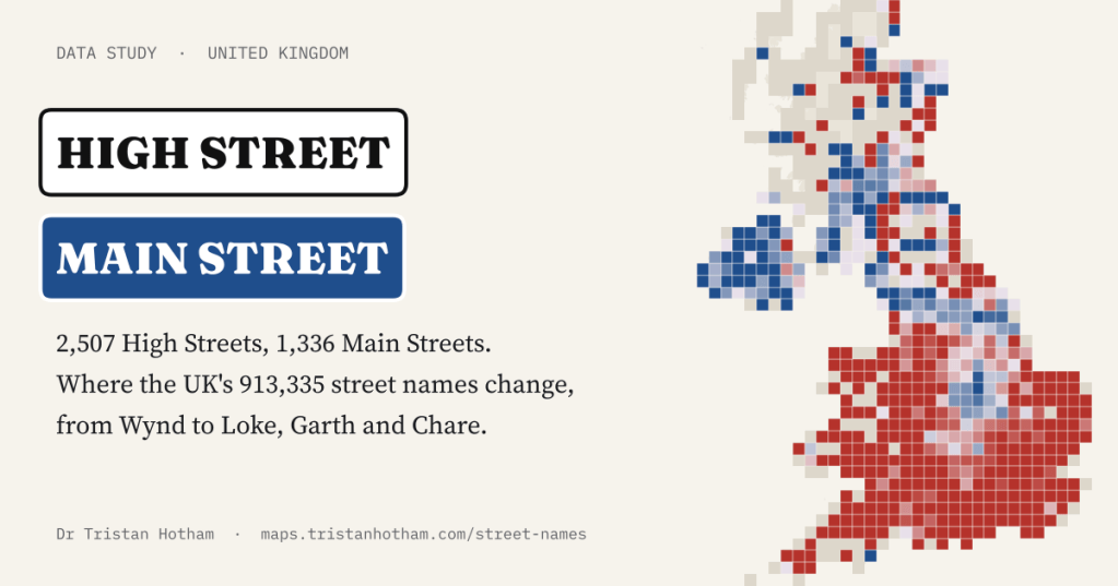 Social card with two street signs reading High Street (black on white) and Main Street (white on blue), the text '2,507 High Streets, 1,336 Main Streets', and a map of the UK in 20 km squares, red across southern England and Wales and blue across Scotland, Northern Ireland and a belt from Leicestershire to Yorkshire.