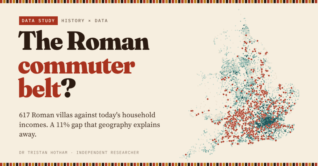 Social card titled The Roman commuter belt? with a map of England and Wales showing Roman villas as red diamonds over neighbourhoods shaded by household income