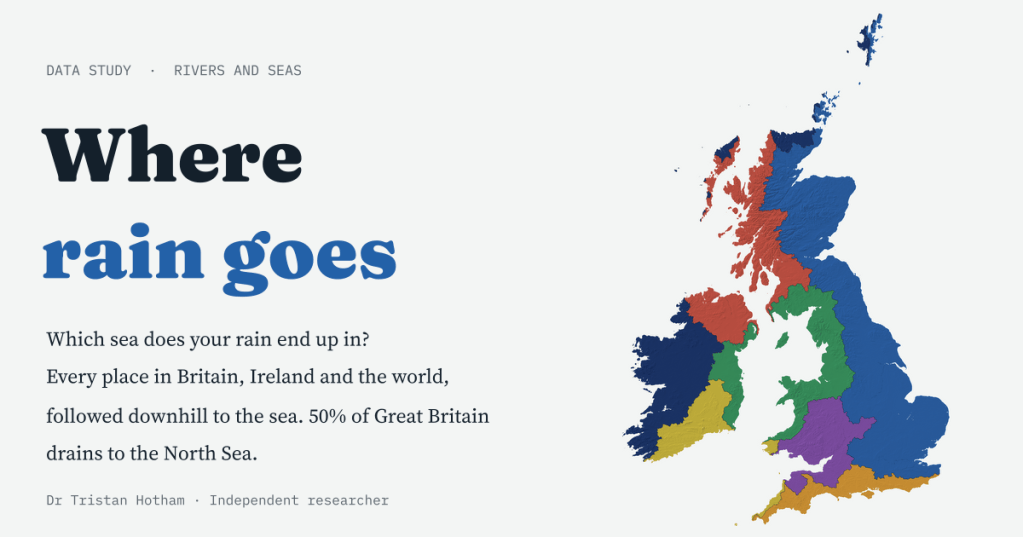 Title card reading 'Where rain goes' in dark ink and rain blue on pale grey, beside a map of Britain and Ireland coloured by the sea each place drains to: blue North Sea in the east, red Inner Seas in western Scotland and Northern Ireland, green Irish Sea, purple Bristol Channel, amber English Channel, navy Atlantic and yellow Celtic Sea. Text: Which sea does your rain end up in? Every place in Britain, Ireland and the world, followed downhill to the sea. 50% of Great Britain drains to the North Sea.
