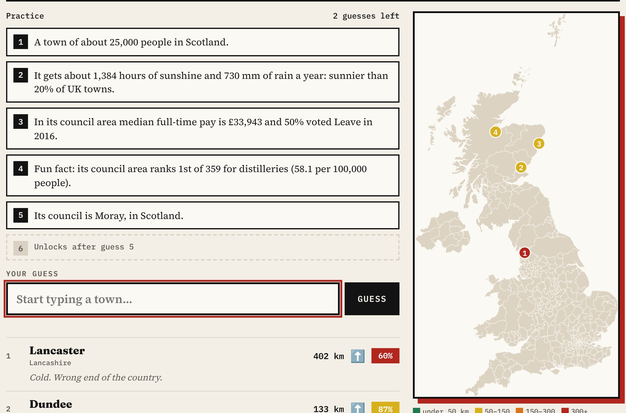 A game in progress: five clues unlocked for a Scottish town of about 25,000 people, including that its council area ranks first in the UK for distilleries and that its council is Moray, with guesses at Lancaster, Dundee, Aberdeen and Inverness shown as coloured dots on a map of the UK.